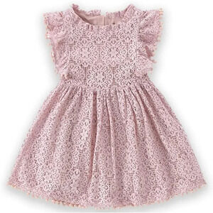 Toddler Girls Cute Pompoms Lace Floral Elegant Retro Swing Party  Dress
